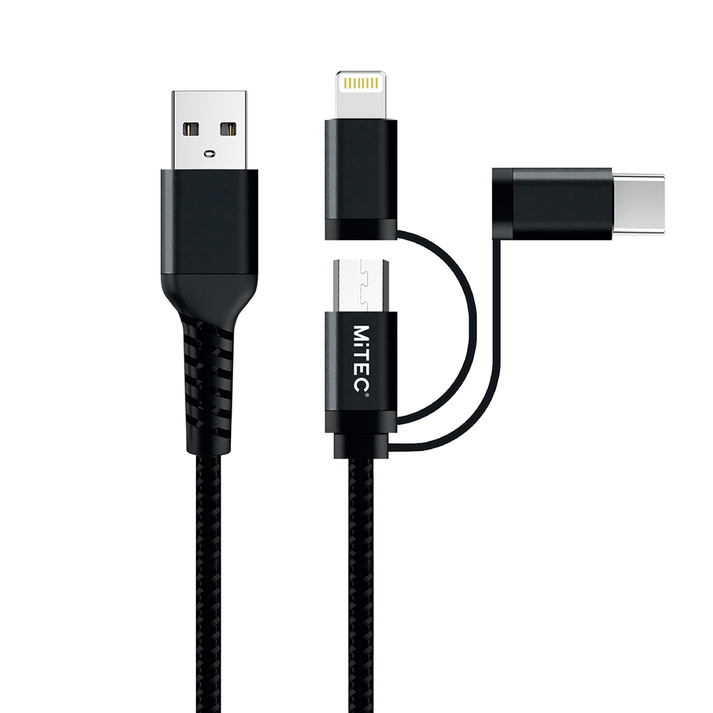 MiTEC MiPOWER Lightning/USB-C/Micro USB to USB-A Braided Cable 1m -  Black