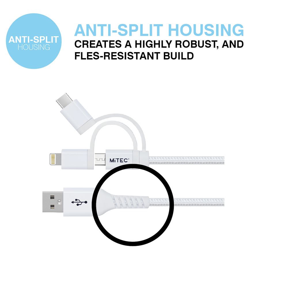 MiTEC MiPOWER Universal Lightning | USB-C | Micro USB to USB-A Braided Cable - 2m