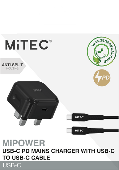 MiTEC MiPOWER Mains Charger with Type-C Cable - Black